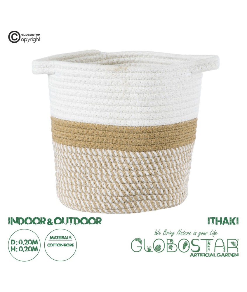 GloboStar® Artificial Garden ITHAKI 20323 Διακοσμητικό Πλεκτό Καλάθι - Κασπώ Γλάστρα - Flower Pot Καφέ με Λευκό Φ20cm x Υ20cm